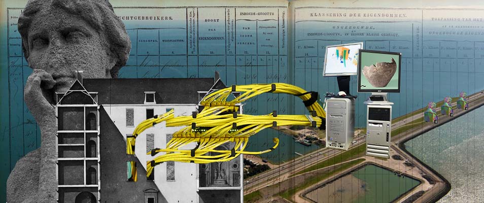 Collage mit einem Deich in Holland, einem Haus aus dem Kabel herauskommen und zwei Stand-PCs mit Bildschirmen auf denen historische Artefakte zu sehen sind &copy; Sophie Wurnig